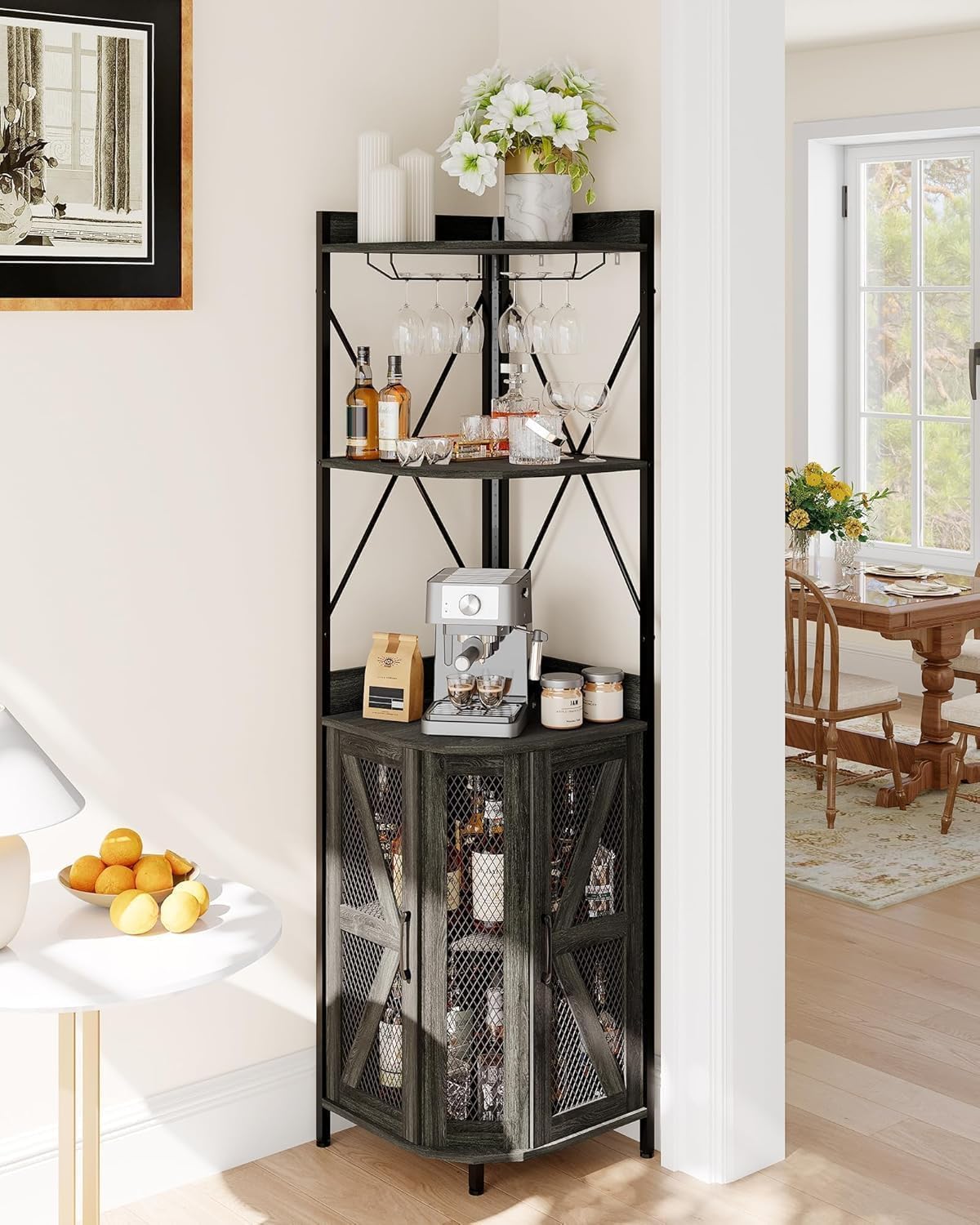 IDEALHOUSE Industrial 72in Corner Wine Cabinet with Power Outlet & LED Strip, Mesh Door Liquor Cabinet with Glass Holder, 5-Tier Bar Display Cabinet for Home & Small Space, Black