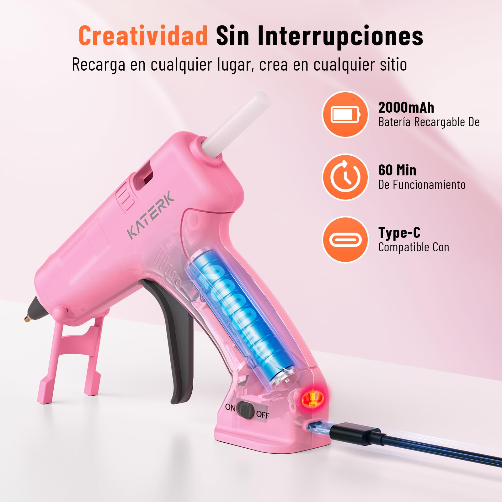 Katerk Pistola de Silicona Caliente, 2000mAH Pistolas de Pegamento Caliente Inalambrica con 15x7mm Barra de Pegamento, 90S Calentamiento, Pistola Cola Quente Adecuada Uso Casero, DIY - Rosa