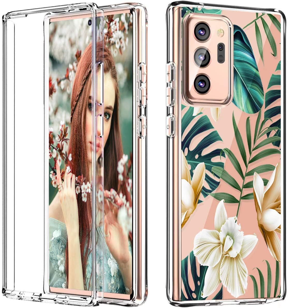 iDLike Galaxy Note 20 Ultra Case for Women Girls,Clear Floral Flower Cute Design Dual Layer Protective Shockproof Phone Case Cover for Samsung Galaxy Note 20 Ultra 6.9" 2020,Green/Tropical