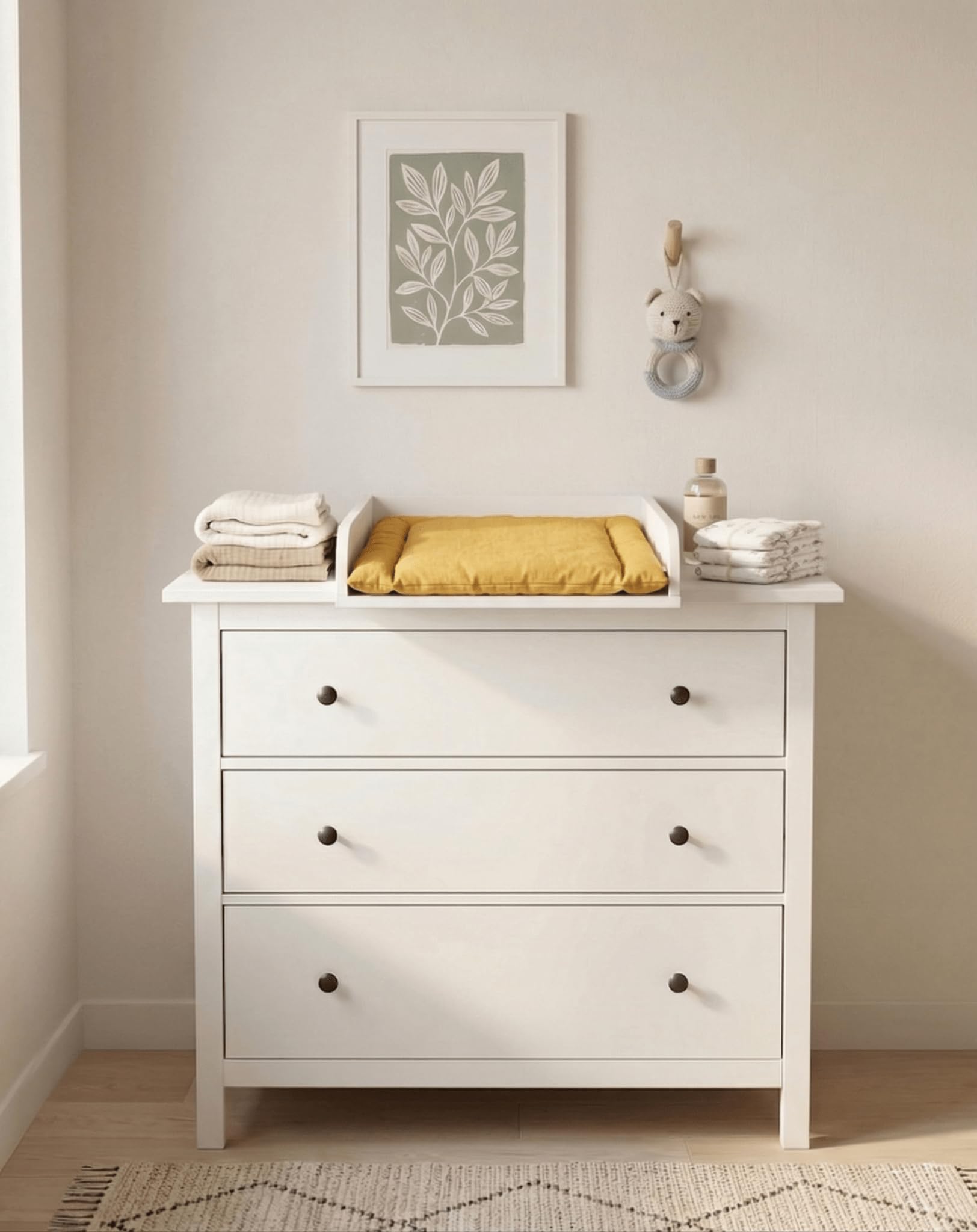 KraftKids Wickelaufsatz passend für HEMNES 108 cm Kommode – Wickelfläche 50x70 cm – Weiß (Links)