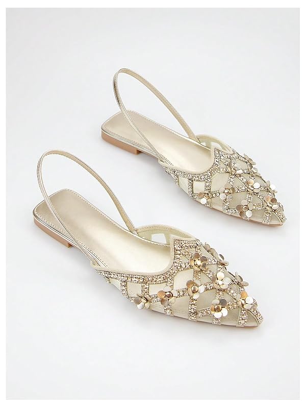 BEAUDRM Women's Rhinestone Slingback Mesh Pointed Toe PU Leather Slip on Ballerina Flats Dressy Wedding Guest Party Shoes Gold 9.5 by BEAUDRM - Used condition - Image 3