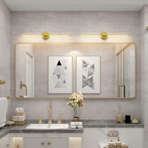 Miniatura 7 de Ralbay Aplique de pared dorado moderno de 28 pulgadas, aplique de pared de baño, lámpara de pared lineal LED de 18 W, giratorio 360  para