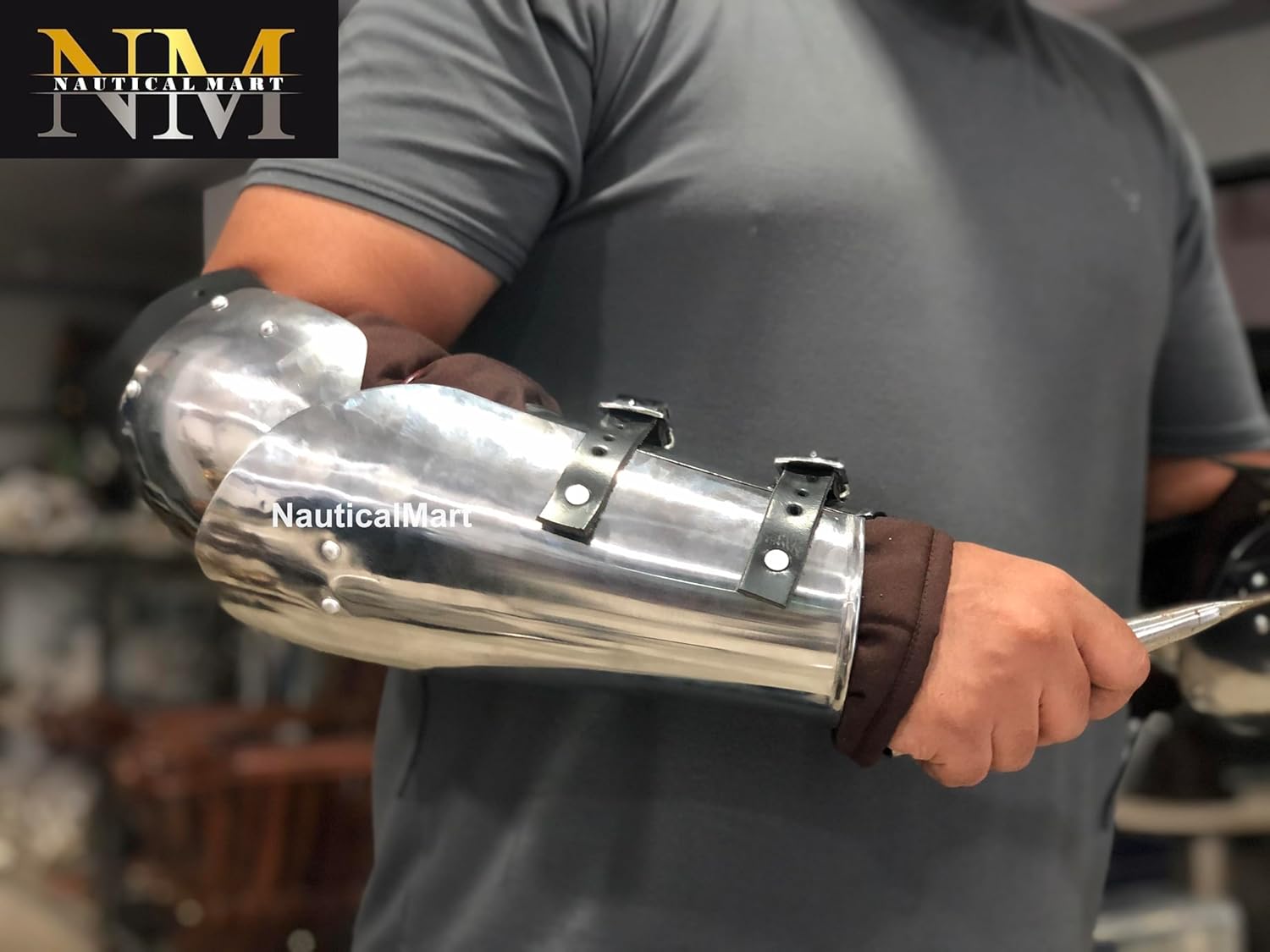 NauticalMart Medieval Arm Armor with Elbow Cops Armband Single Arm Armour Halloween LARP Bracers Cosplay Costume Accessory
