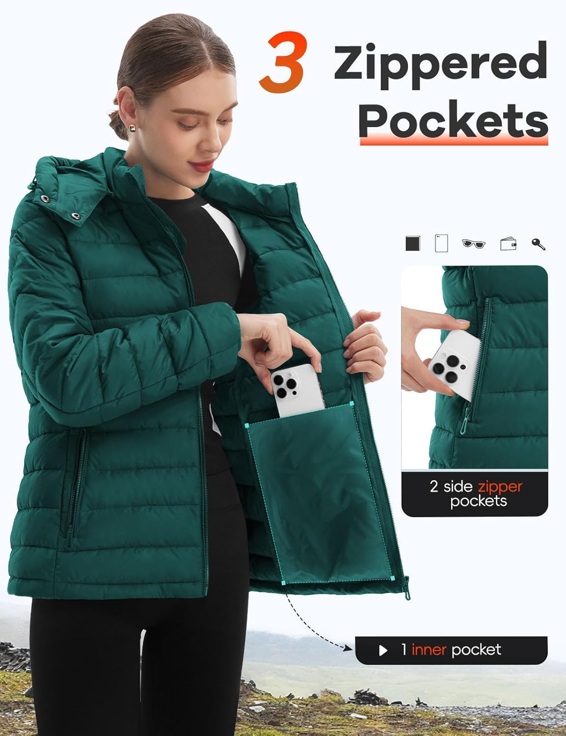 ASPO Women's Packable Puffer Jacket Lightweight Waterproof Warm Full Zip Quilted Winter Coat with Hood - Image 5