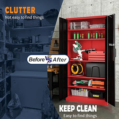 Miniatura 6 de Yizosh Armario de almacenamiento de metal para garaje con 2 puertas y 5 estantes ajustables, gabinete de archivo de acero con cerradura de 71
