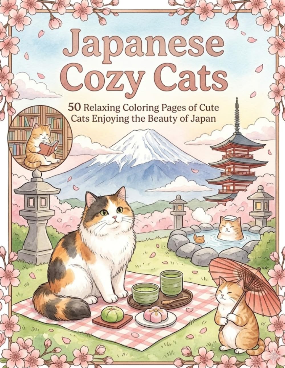 Japanese Cozy Cats: 50 Relaxing Coloring Pages of Cute Cats Enjoying the Beauty of Japan