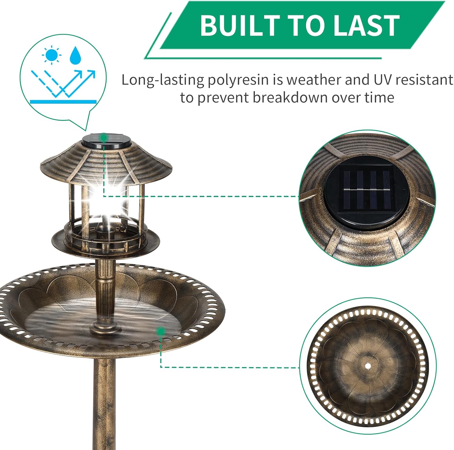 Outdoor Bird Bath Resin Pedestal Solar Bird Baths Decorations with Garden Flower Planter Base, Lightweight Birdbaths Feeder for Garden Yard Outside, Bronze