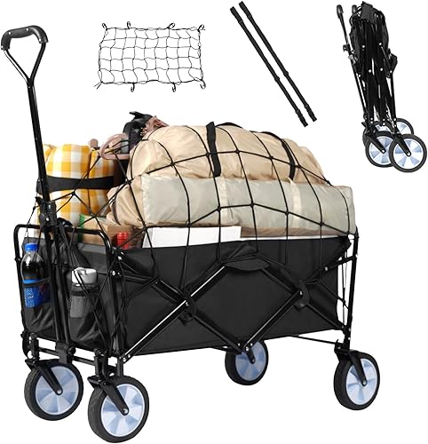 Carrito plegable para compras con ruedas, carrito de compras con ruedas, carrito de playa resistente con red de carga y correas para jardín, patio,