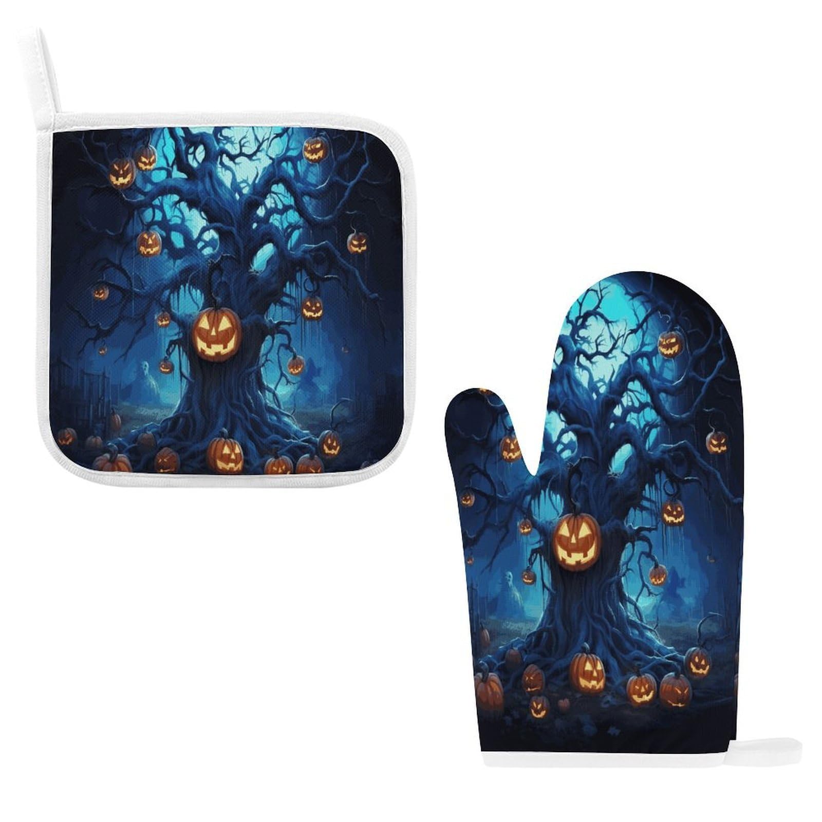 Btcowzrv Style Halloween Pumpkin Tree Blue Oven Mitts And Pot Holders 2Pcs Set