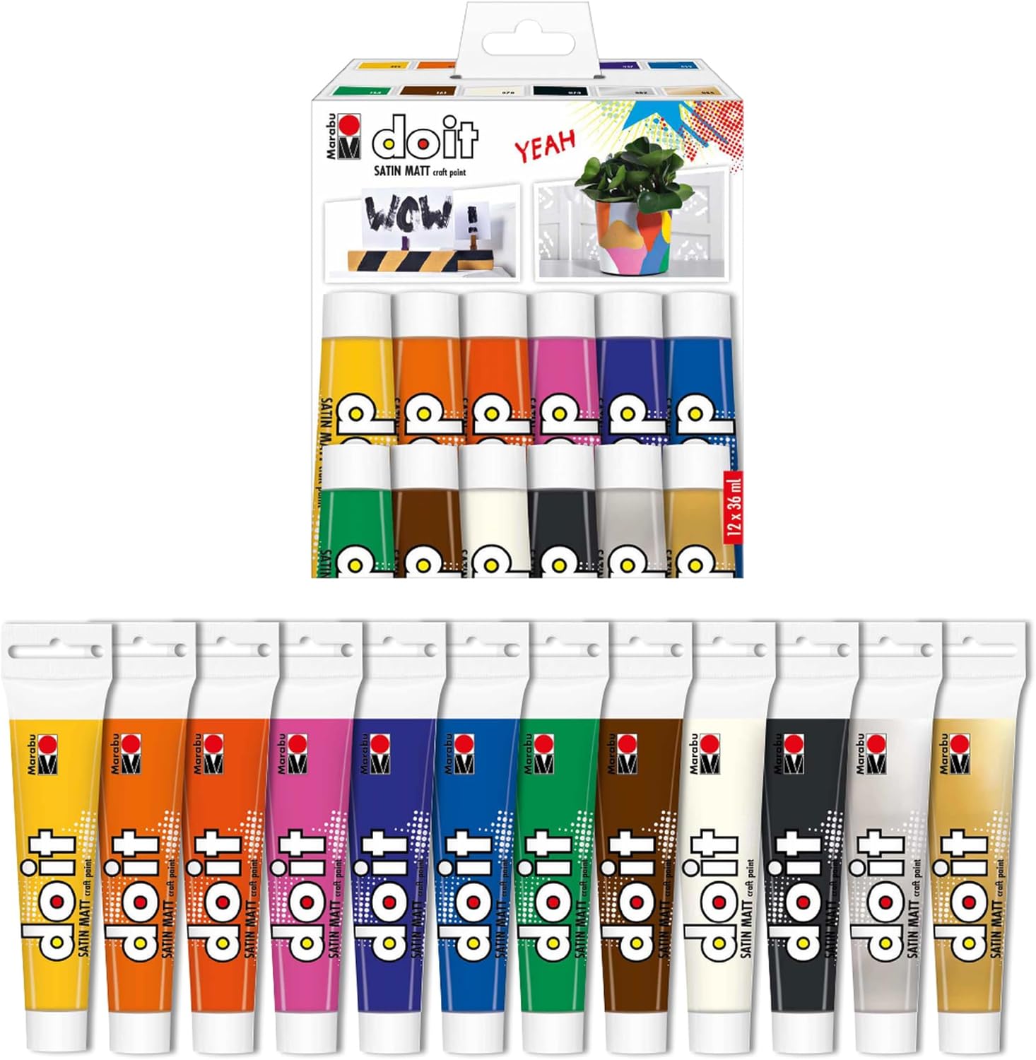 Marabu DO IT Craft Paint Set, 12 x 36 ml Semi-Matt Acrylic Paint for DIY, Crafts and Hobby, Water-Based, Weatherproof, Non-Fading, Quick-Drying, Vegan