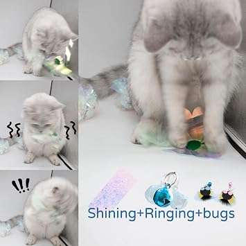 Shiny Insect Replacements for Cat Wand Toy, 7 PCS Kitten Teaser Refills with Bells for Cat Fishing Pole Toy, Bugs Refills for Interactive Play, Chase and Exercise, (Insects + Teaser)