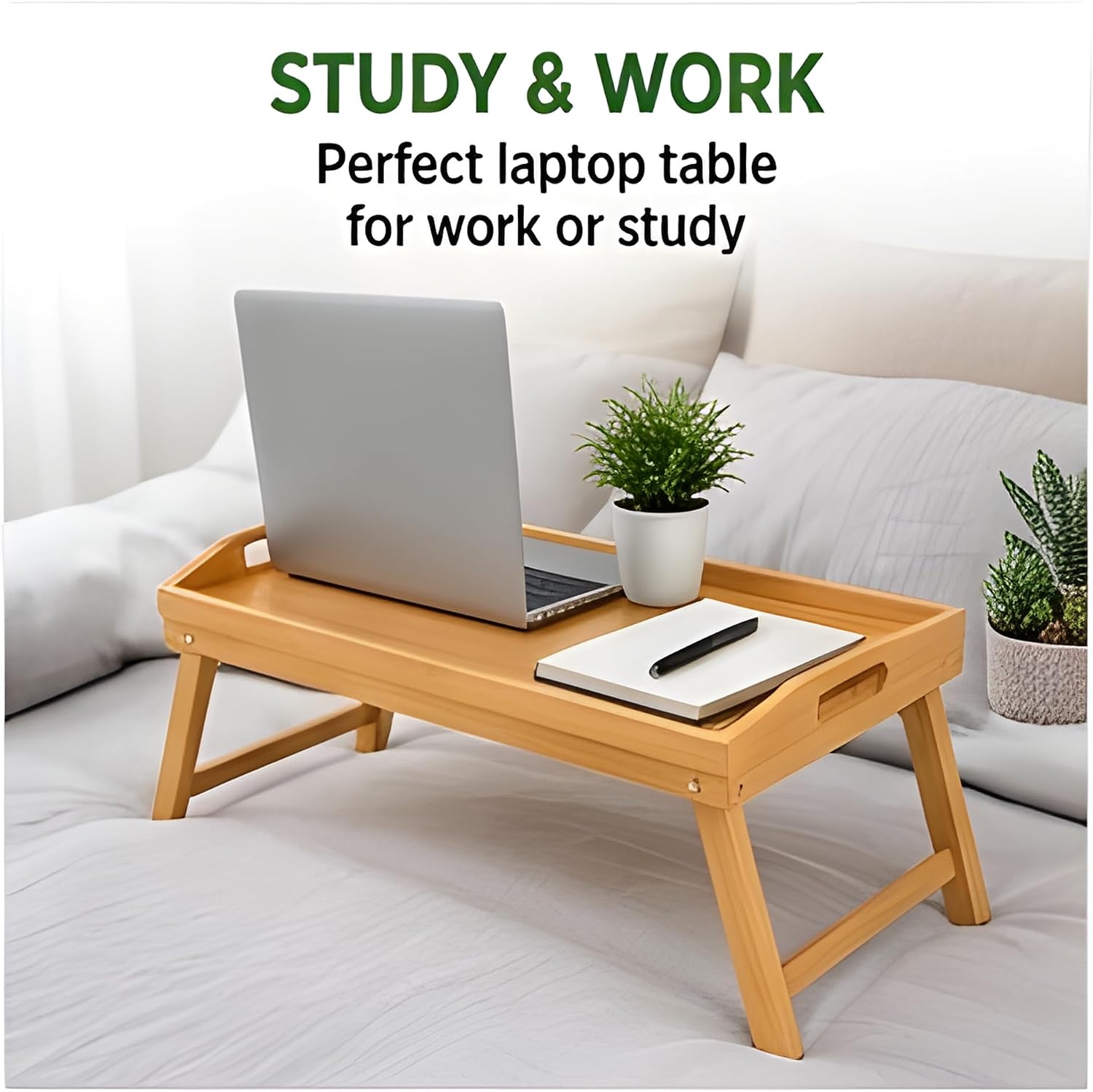 2 Pack Bamboo Bed Tray Table with Folding Legs & Handles, Breakfast in Bed Tray for Eating, Foldable Serving Tray, Laptop Desk, Food Snack & TV Dinner Tray for Adults & Kids, Bed, Sofa