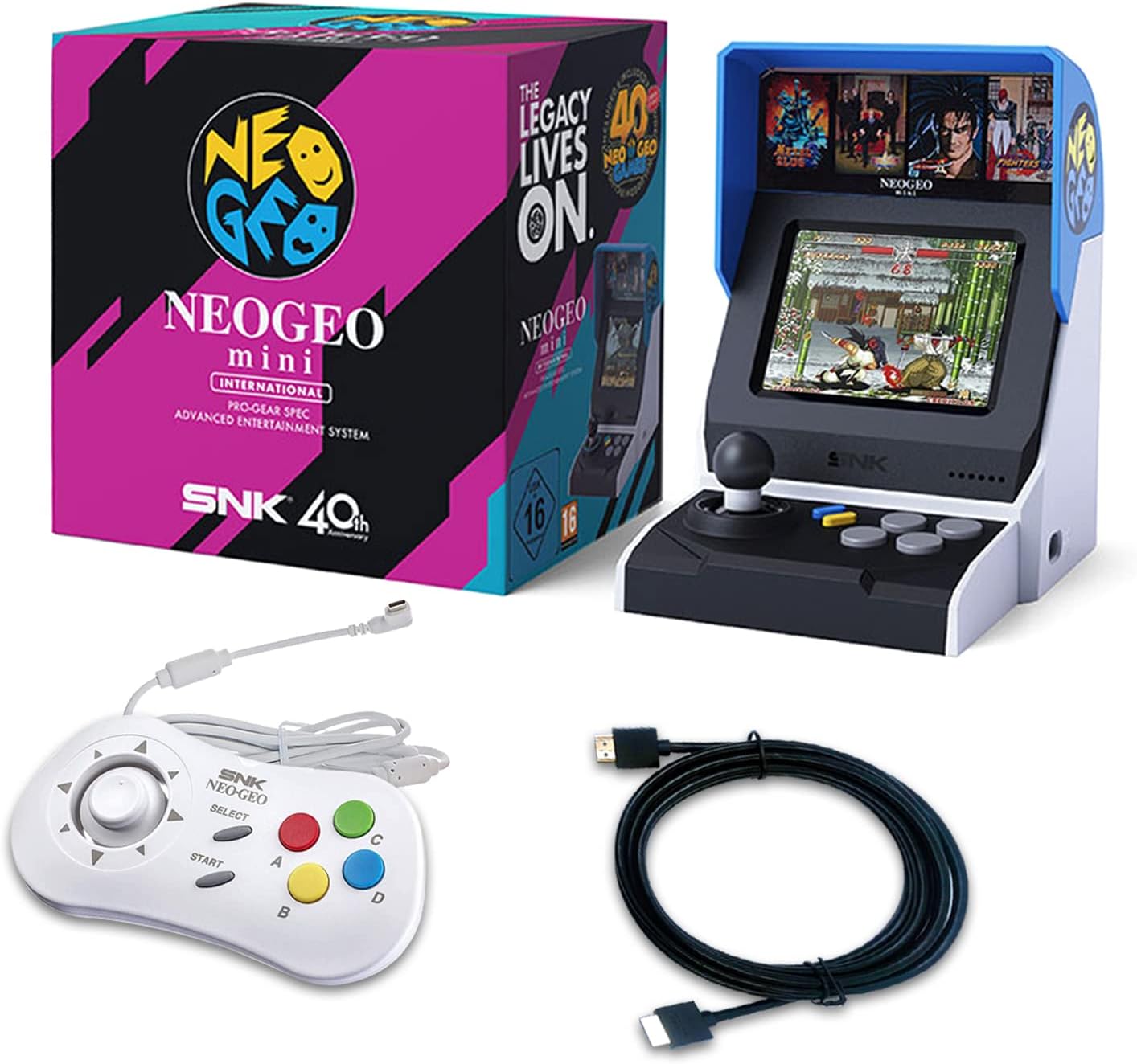 UNICOMVSXSNK NEOGEO Mini Arcade International Edition and White Controller Set [Included HDMI Cable], Pre-Loaded 40 Official Licenced SNK Neo Geo Games