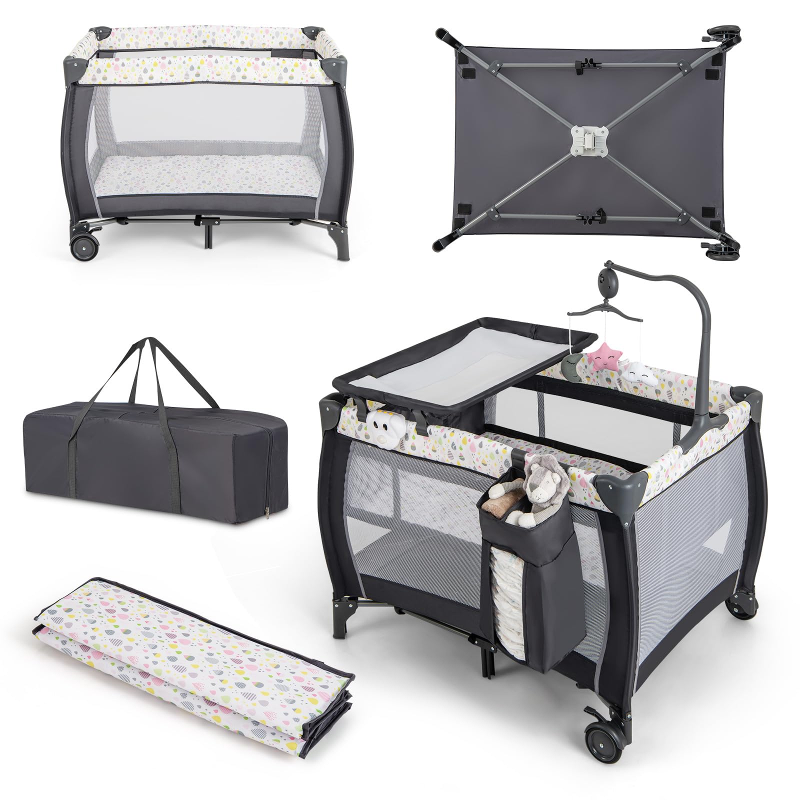 COSTWAY 3 in 1 Baby Crib with Diaper Changing Mat, Portable Playpen with Detachable Bassinet, Foldable Travel Cot with Rotating Toy Bar, Mattress, Carry Bag (Multicolor)