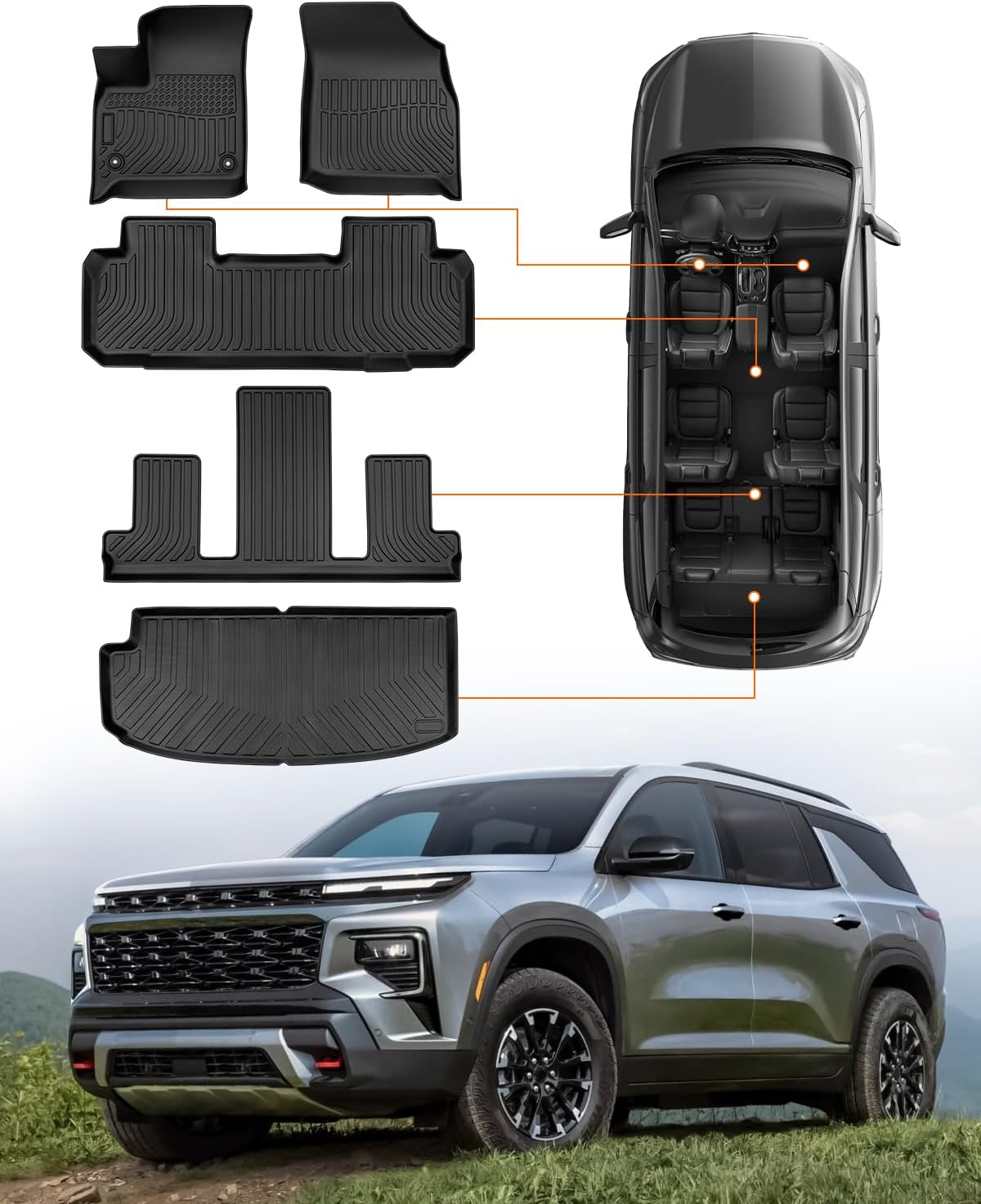 for Chevy Traverse Floor Mats 2023 2022 2021 2020 2019 2018, Only for Chevrolet Traverse 7 Seats for Heavy Duty Floor Mats Accessories All Weather Protection Floor Mats Cargo Trunk Liner