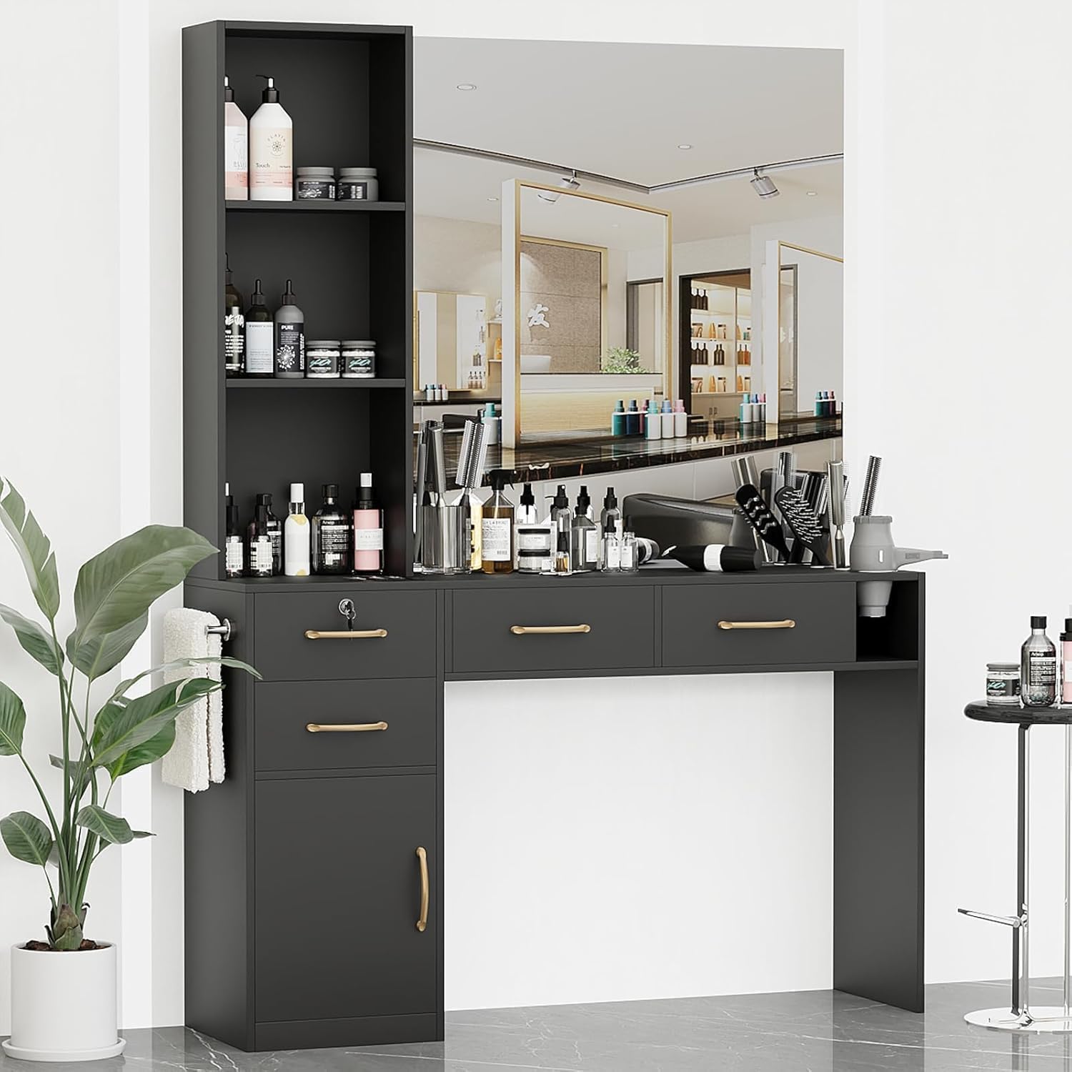 Barber Station for Hair Stylist – Salon Station with 4 Drawers ((One Lockable)), 1 Cabinet & Blow Dryer Holder, Modern Hair Station Barber Desk & Table for Beauty Spa or Estacion de Barberia