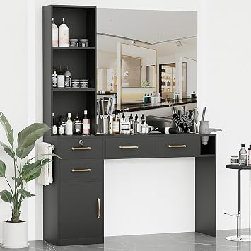 Barber Station for Hair Stylist Salon Station with 4 Drawers One Lockable, 1 Cabinet & Blow Dryer Holder, Modern Hair Station Barber Desk & Table for Beauty Spa or Estacion de BarberiaNo Mirror