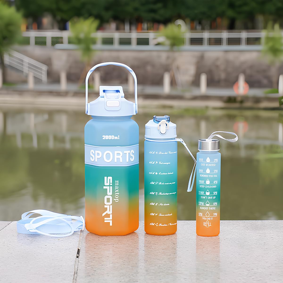 THE VENTI Motivational Water Bottle Set of 3 Pcs Time Marker with Straw, Unbreakable Leakproof BPA free Non-toxic Sipper Bottle for Office, Sports, Gym, School 3 Pcs Bottle Set (Turquoise)