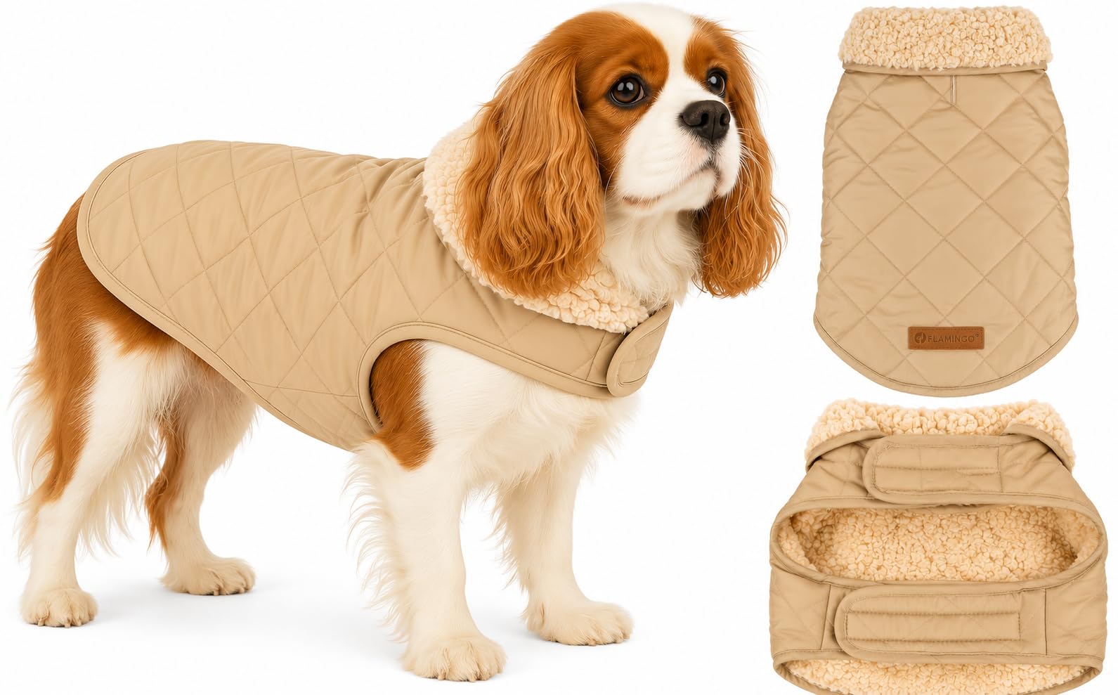 dog coat - Flamingo Bonnie Beige - A:40cm B:34–40cm C:54–60cm - polyester - water-repellent - plush inner lining - Hook-and-loop fastener closure - made in Europe