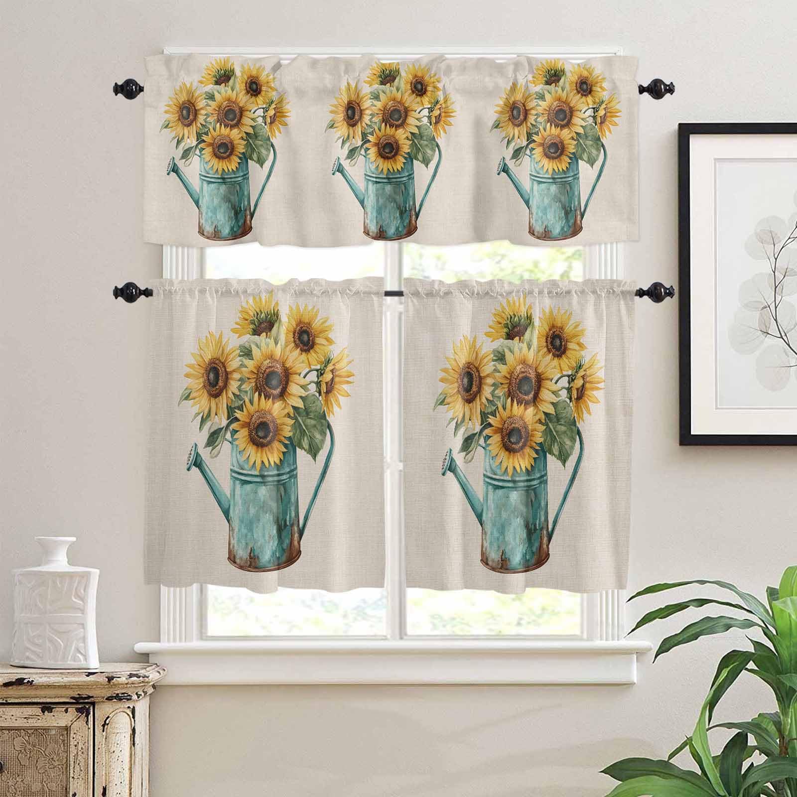 Sunflower Kitchen Curtains 24 Inch Length,3 Piece Rod Pocket Small Half Tiers and Valance Set,Country Botanical Blooms Floral Garden Flowers Small Large Window Treatment Decor for Bedroom/Bathroom