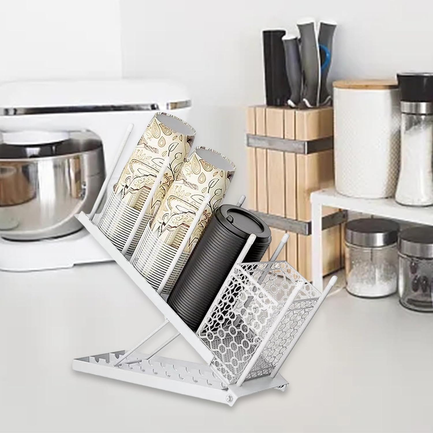 Modern Coffee Cup and Lid Organizer for Kitchen Or Workspace, White