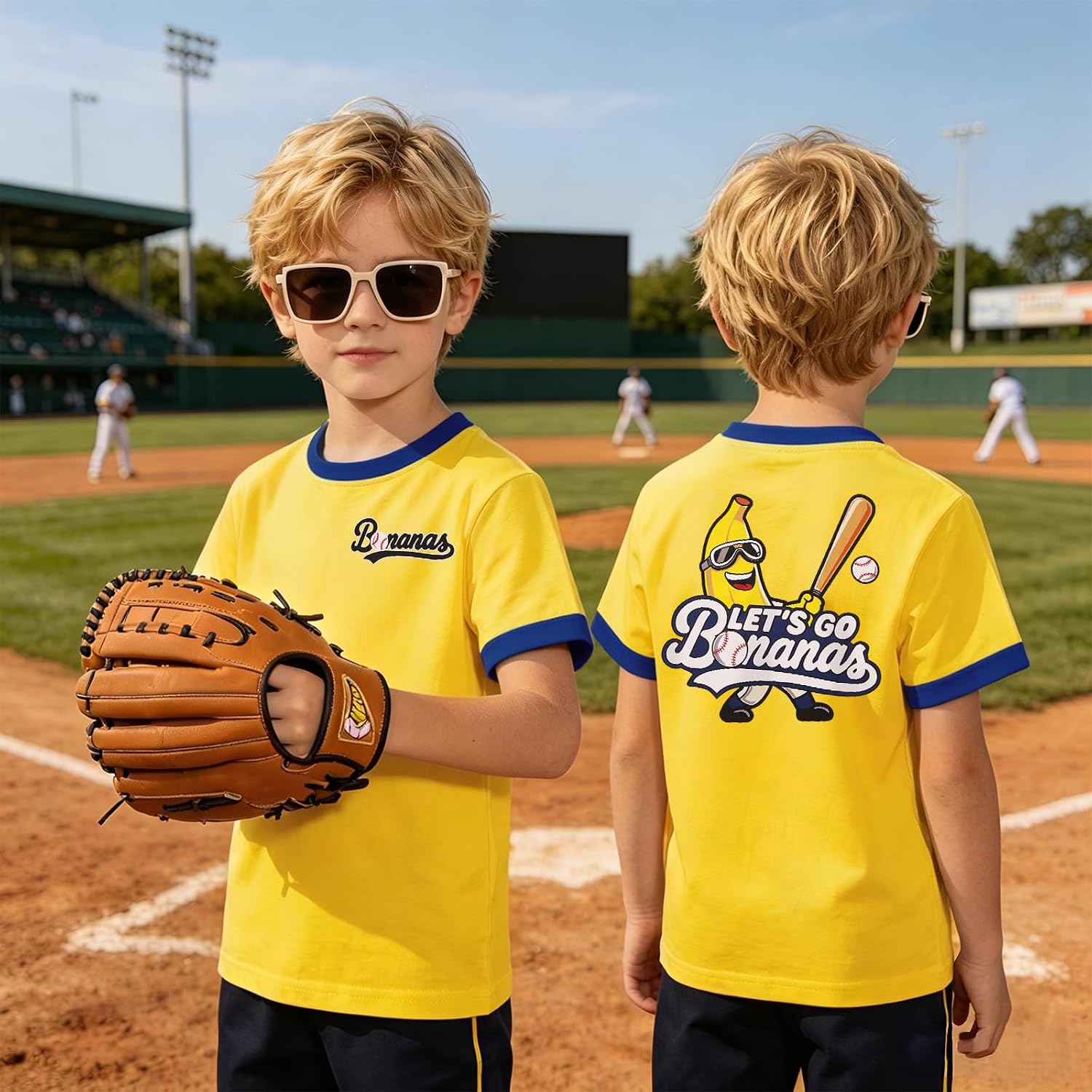IZYJOY Toddler Boy Girl Baseball Shirt Kids Banana T-Shirt Let's Go Banana Tee Baseball Outfit Game Day Short Sleeve Tops