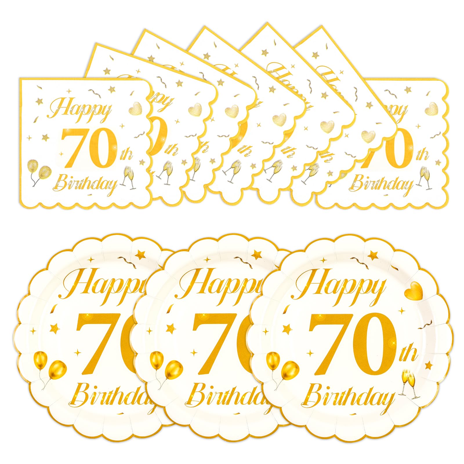 EVYIENEN 50PCS 70th Birthday Paper Plates and Napkins,7 Inch Scalloped Wihte and Gold Birthday Dessert Cake Plates Party and Cocktail Napkin for Men and Women Table Anniversary Decoration