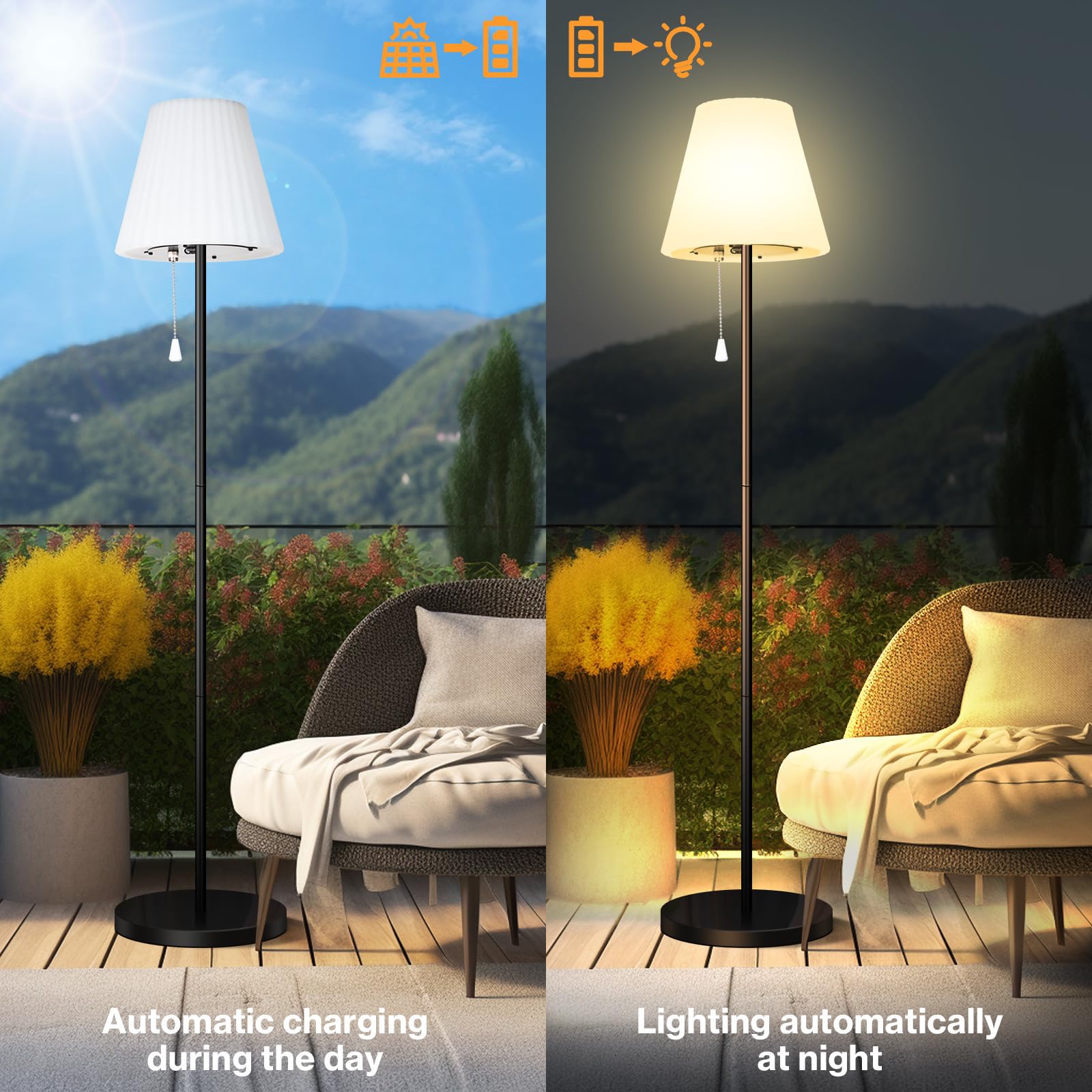 Solar Stehlampe Outdoor mit Lichtsensor, IP65 Wasserdicht, USB Aufladbar, Helligkeit Dimmbar Warmweiß und RGB, Kabellose Stehlampe Außen für Terrassen, Garten usw.