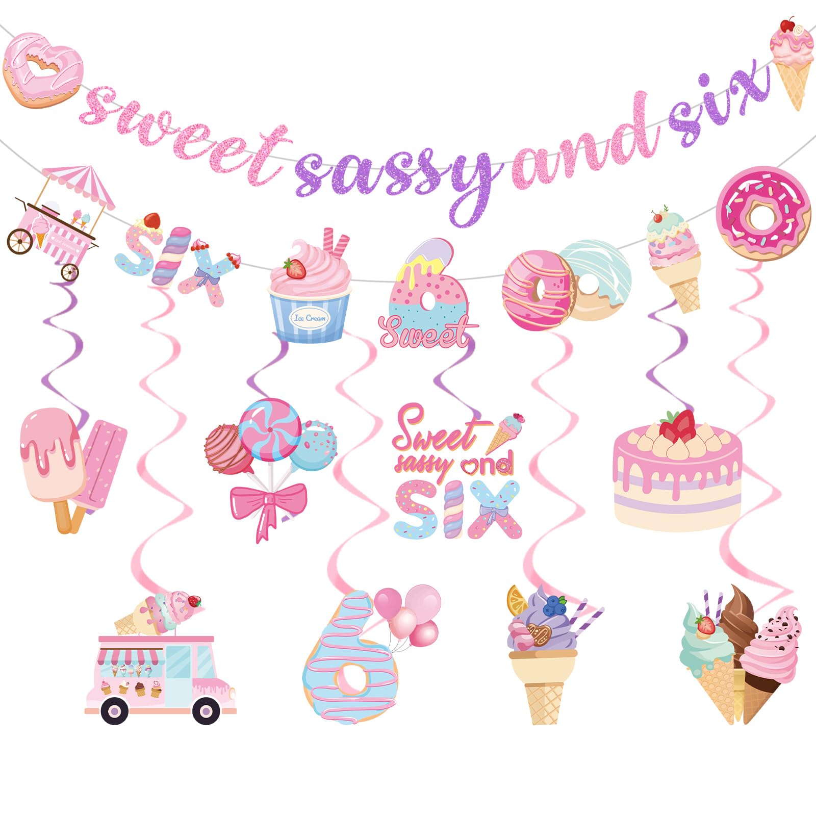 Yoyuspy Sweet Sassy Six Birthday Decorations, 10PCS 6th Bday Banner with Hanging Swirls Decorations for Girls 6 Years Old Decor
