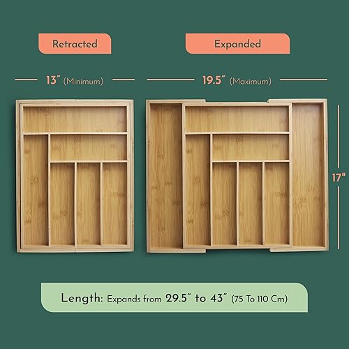 Miniatura 6 de RUBOXA Organizador moderno de cubiertos expandible de bambú para cajones, utensilios de cocina, cubiertos, suministros de oficina, cosméticos,