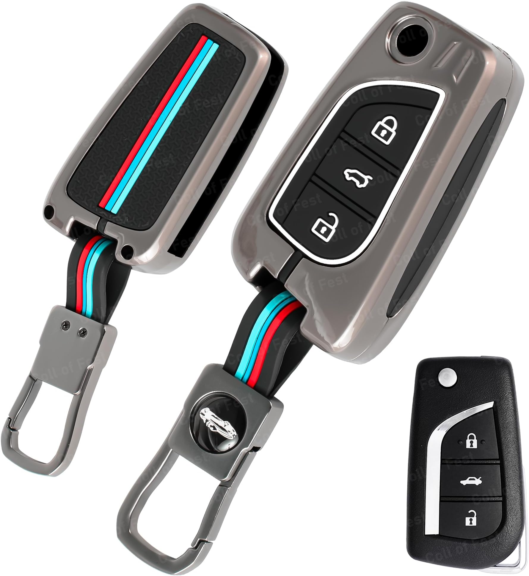 Coll of Fest Premium Metal Silicon Key Cover Compatible with Toyota Innova Crysta Corolla-Altis Camry HyCross Hilux 3 Button Flip Smart Key Cover Metal Protection Glow in the Dark