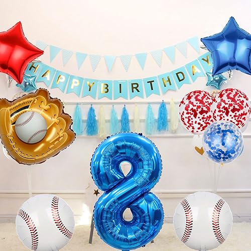 Miniatura 4 de Globos de béisbol de papel de aluminio para decoración de cumpleaños, globos con el número 8, globos de confeti de estrella roja y azul para