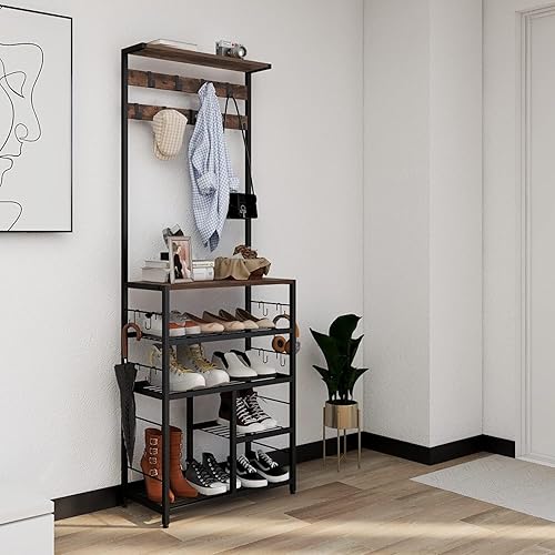 Miniatura 7 de GiftGo Árbol de pasillo grande vintage de 5 niveles con mesa de consola, entrada, perchero de pie para zapatos, estante organizador para el hogar,
