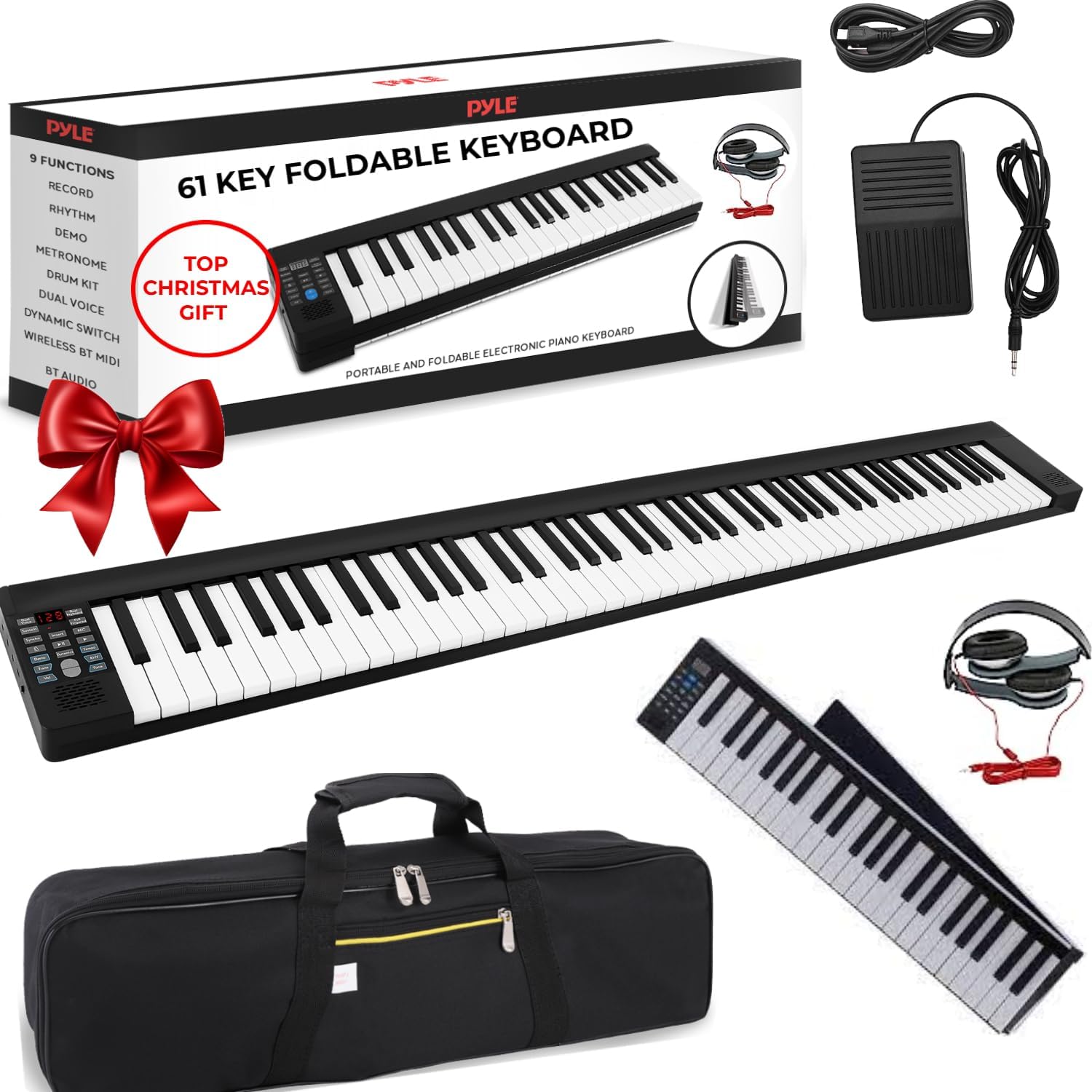 PYLE Electric Piano Keyboard, Music Keyboard, Electric Keyboard Piano, 61 Keys, Foldable Design, Bluetooth Connectivity, 129 Tones, 128 Rhythms, Includes Sustain Pedal, Gig Bag, Headphones