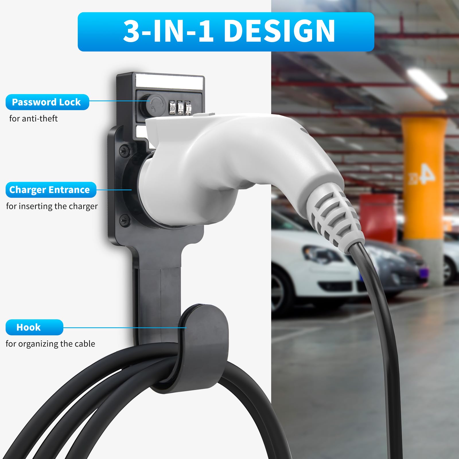 Umelee Support Mural Chargeur Voiture Électrique Type 2 – Crochet + Serrure Combinaison – Compatible IEC 62196-2