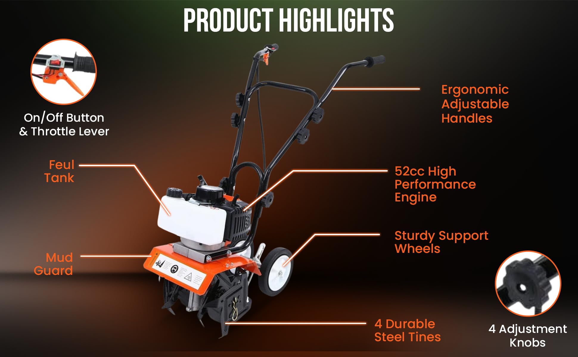 Dealourus Motocultor con Motor de Gasolina 52 cm³ - 3 CV- 2 Tiempos - Ligero, Compacto y Potente - Asas seguras - Diseñado para ser Duradero y Robusto