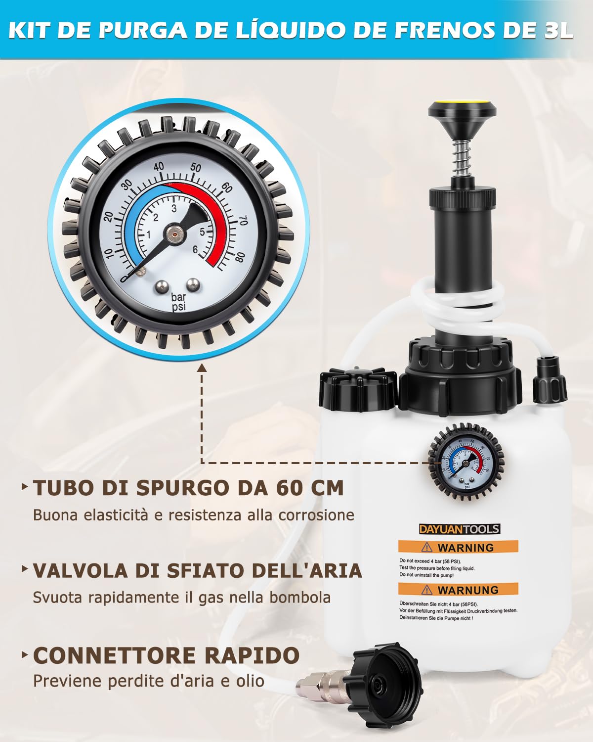 DAYUAN Dispositivo de purga de frenos de 3 L con depósito de aspiración de 1 L para E20 (45 mm de diámetro) | Purgador de frenos para cambio de líquido de frenos, ideal para coches, motocicletas y talleres de hobby
