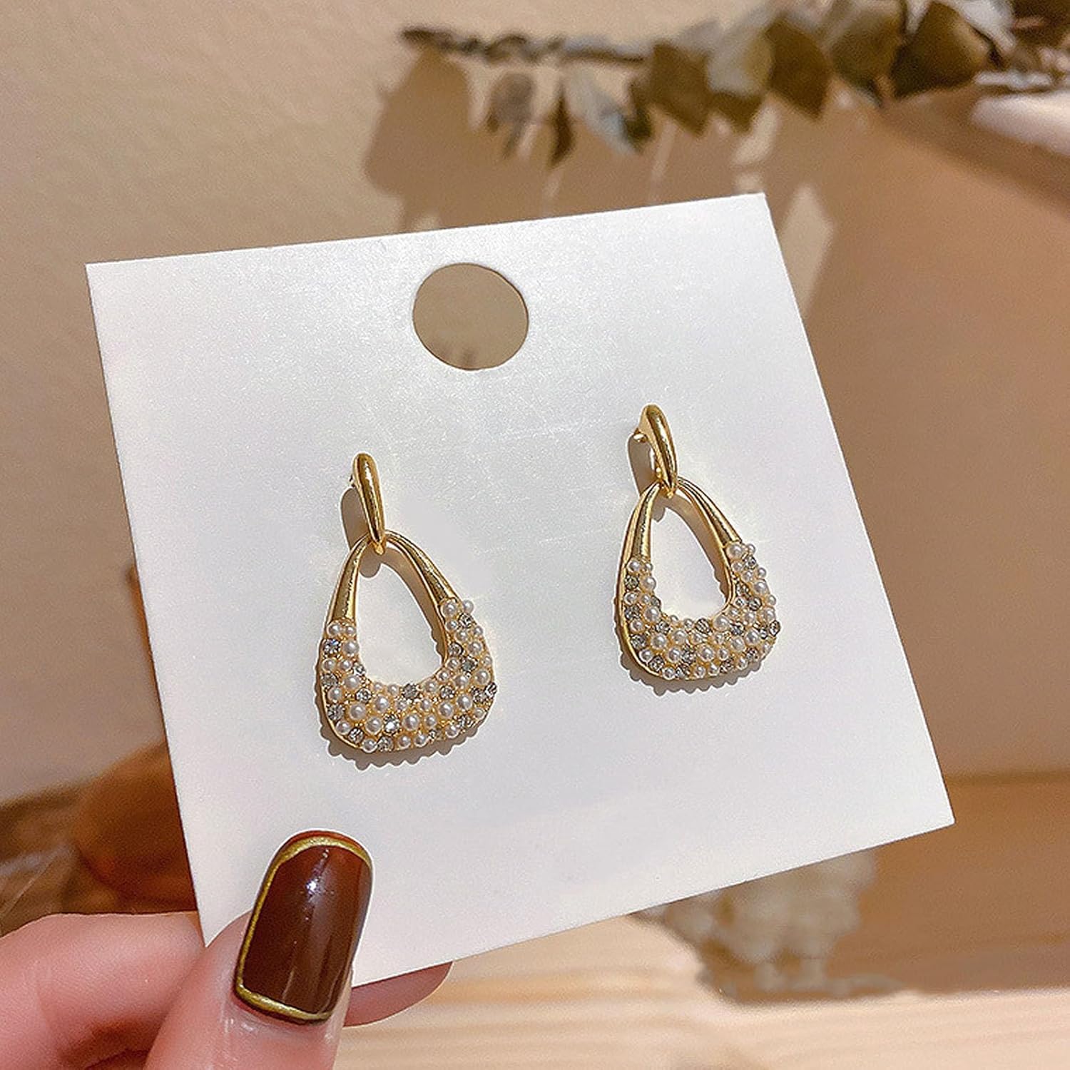 Boho Gold Beaded Pearl Pendant Drop Dangle Earrings for Women,Geometric Crystal Long Pearl Hoop Earrings,Statement Dangling Earrings - Image 6