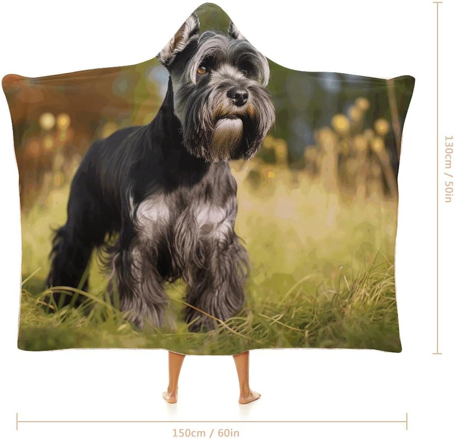 Schnauzer Dog on The Grass Wearable Hooded Blanket, Ultra Soft Arctic Velvet Cape Cloak Unisex - Cozy Wearable Blanket