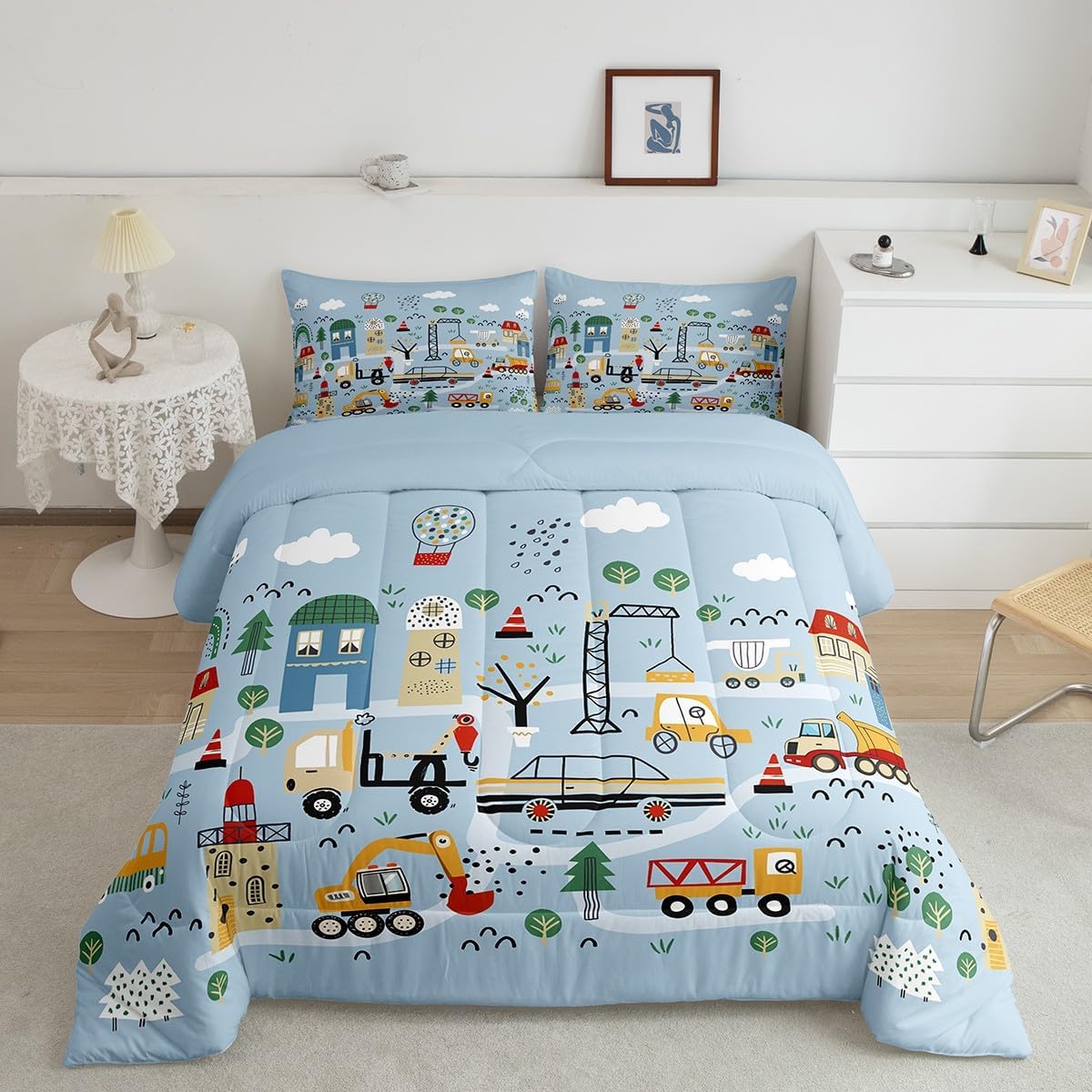 Erosebridal Boys Construction Queen Comforter Set 3-Pieces, Orange Red Cartoon Car Bedding Set for Kids Bedroom Decor, Excavator Tractor Machinery Trucks Down Comforter, Reversible, for All Seasons