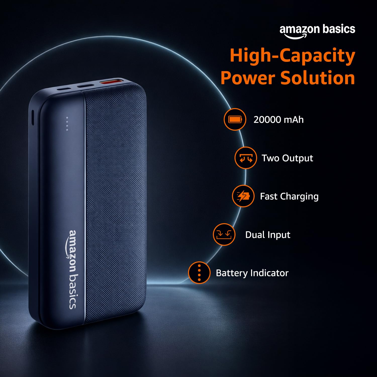 Amazon Basics 20000 mAh Power Bank | 22.5W Fast Charging | Dual Output & Input | Charge 3 Devices Simultaneously | for Smartphones, TWS Earbuds, Speakers, Tablets (Dark Blue)