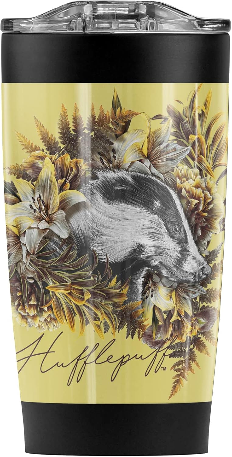 Logovision Harry Potter and The Deathly Hallows Part 2 Hufflepuff Floral Stainless Steel Tumbler 20 oz Coffee Travel Mug/Cup, Vacuum Insulated & Double Wall with Leakproof Sliding Lid