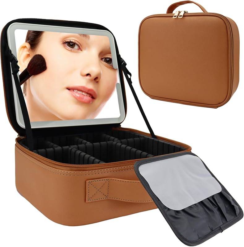 Maleta de maquiagem para viagem SLUMAZI com espelho LED, 3 ajustes de iluminação, divisórias ajustáveis e estojo para pincéis, Caramel