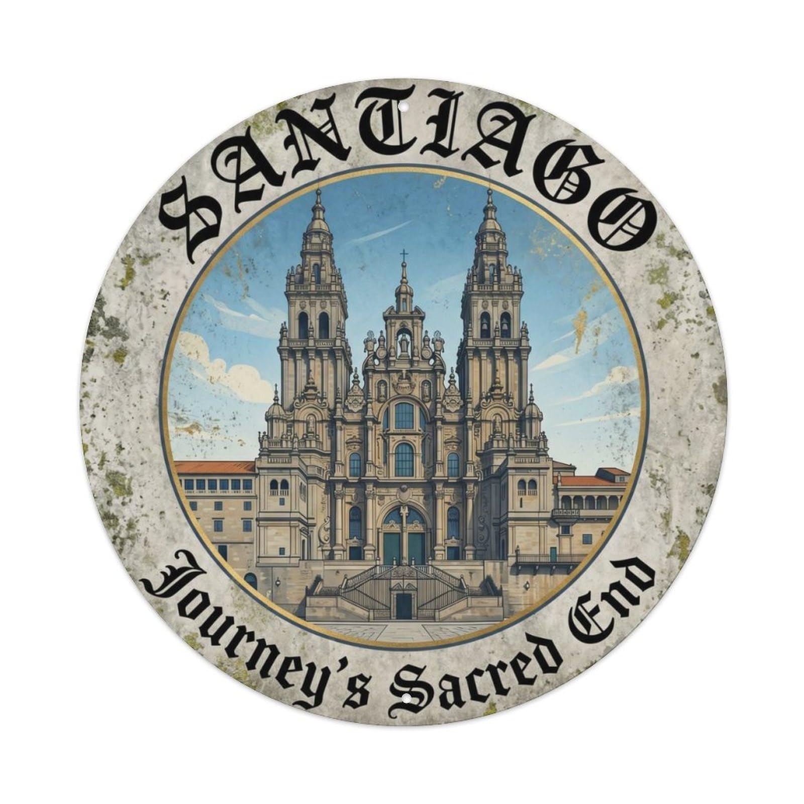 Fqcyn Style Vintage Travel Santiago Cathedral Galicia Metal Tin Sign Plaque Wall Decor For Cafe, Club Bar, Office, Home Garden Round Metal Poster 8X8inch