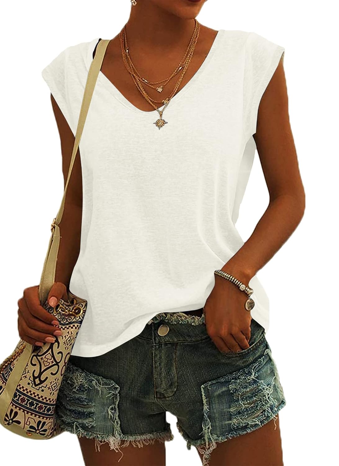 AUSELILY Womens Cap Sleeve T-Shirt Casual Loose Fit Tank Tops, White, Medium