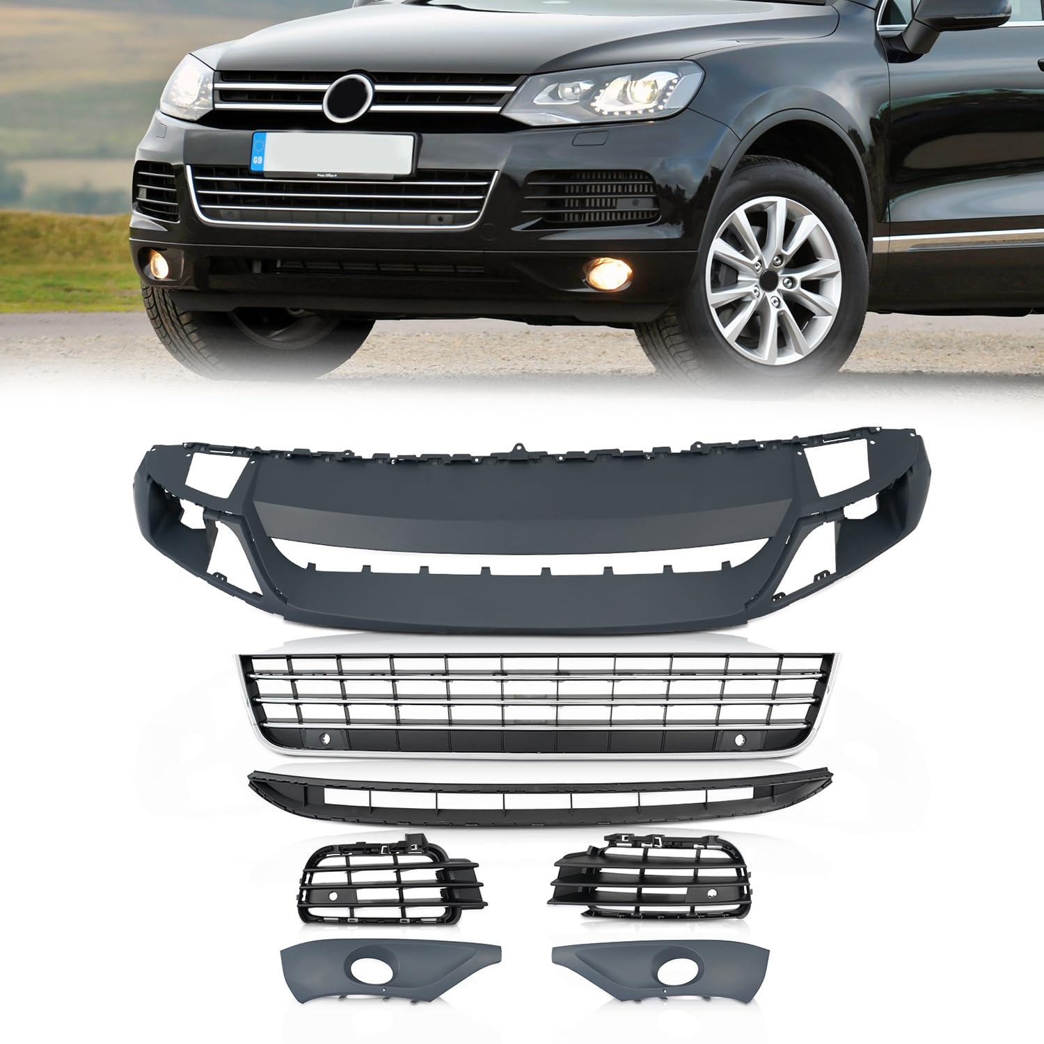 KARPAL Fit for 2011-2014 Volkswagen VW Touareg Front Bumper Cover Side Lower Grille Valance Bezel 7Pcs Set