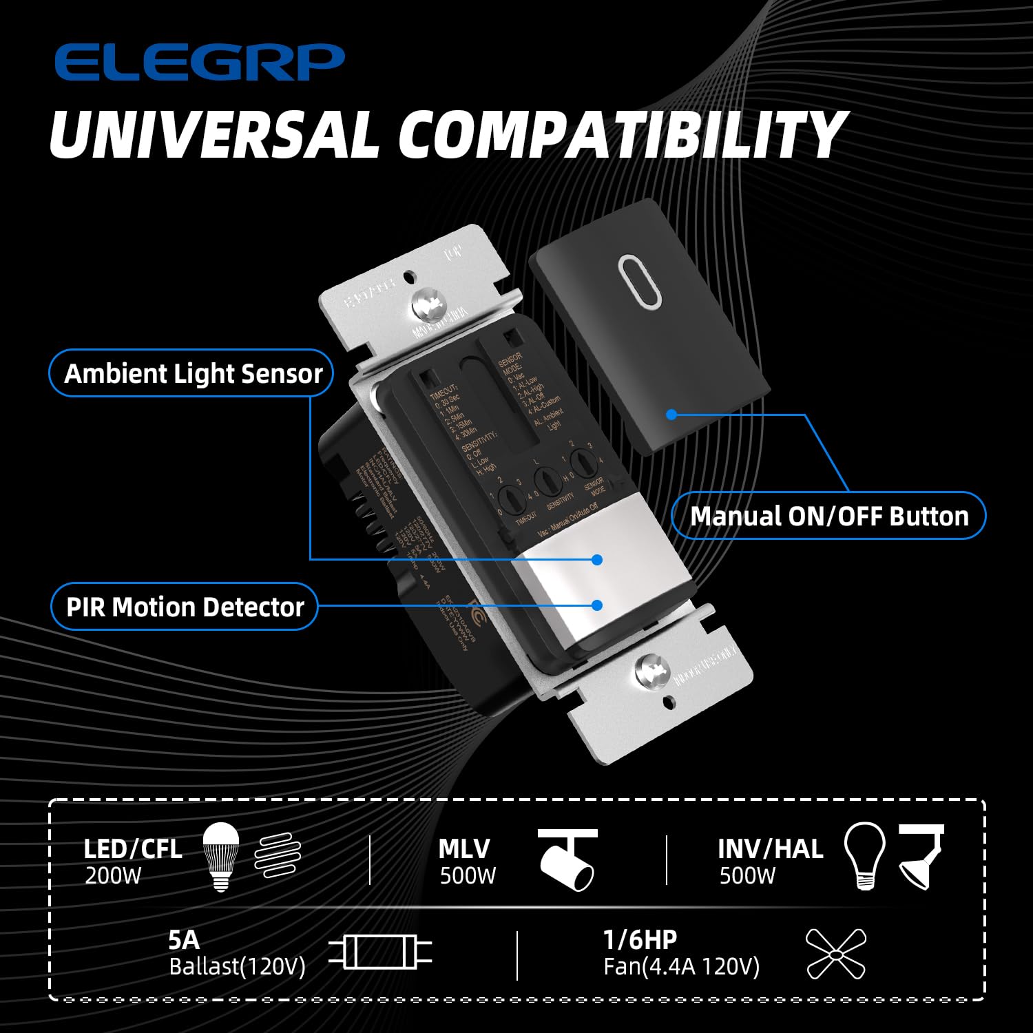 ELEGRP Matte Black Single Pole Occupancy Motion Sensor Light Switch, Need Neutral Wire, 120° Sensor Coverage PIR Infrared Motion Activated, for CFL/LED/MLV/INC/HAL/Fan, UL,10 Pack