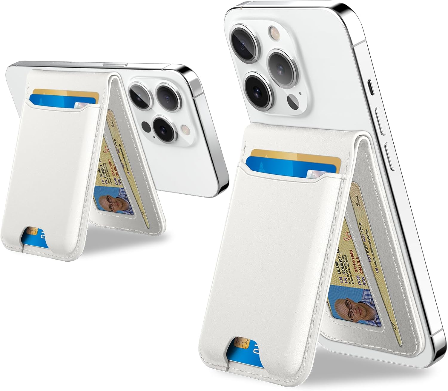 topmade for magsafe wallet, strongest magnetic card holder with adjustable phone stand, id window, leather magnetic phone wallet for iphone 17/16/15/14/13/12 series, rfid blocking, fit 6 cards, white