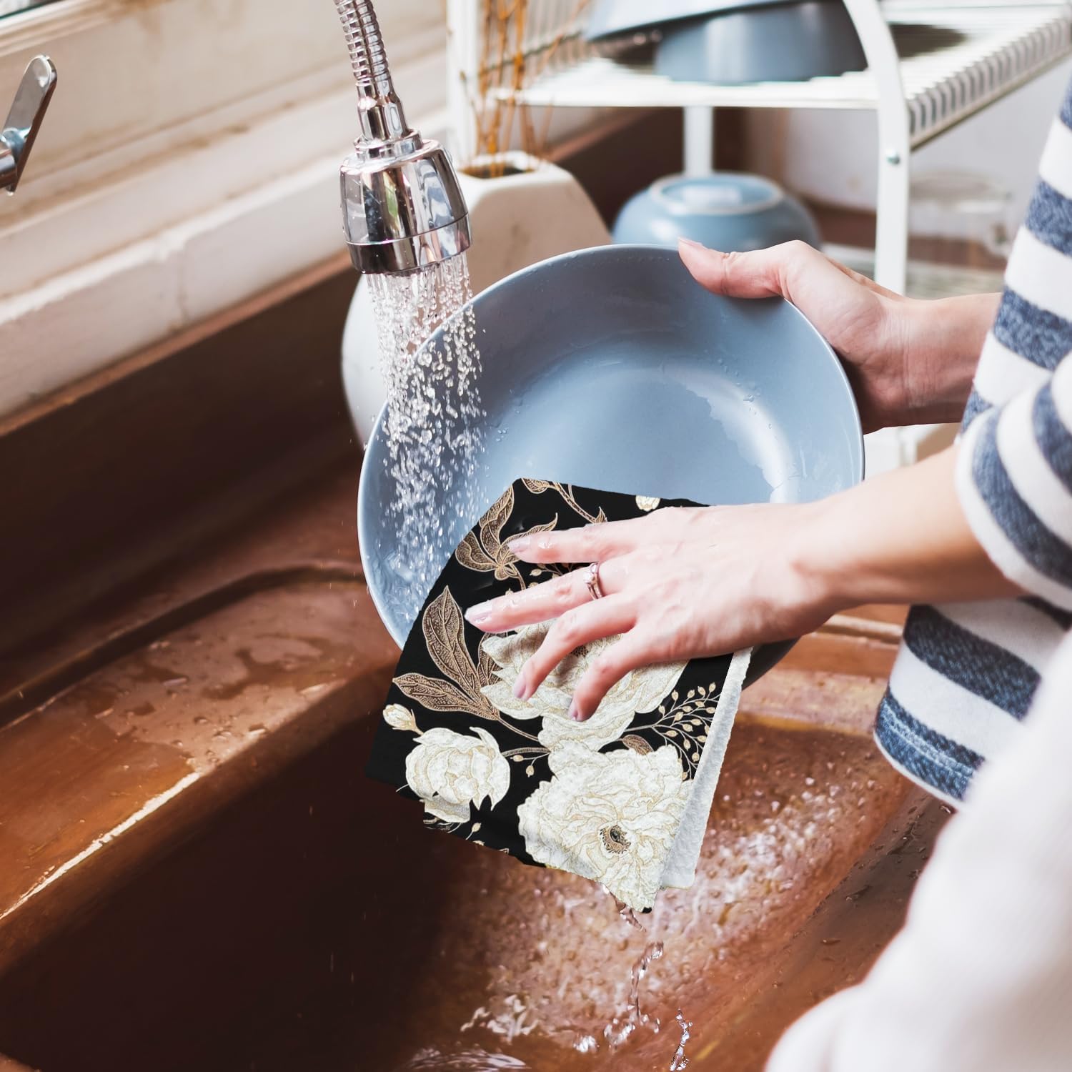Vintage Peony Floral Kitchen Towels Decorative, Rustic Black White and Gold Flower Botanical Dish Hand Tea Towels, Cottagecore Floral Kitchen Bathroom Decor, 16x24 Inch - Image 6