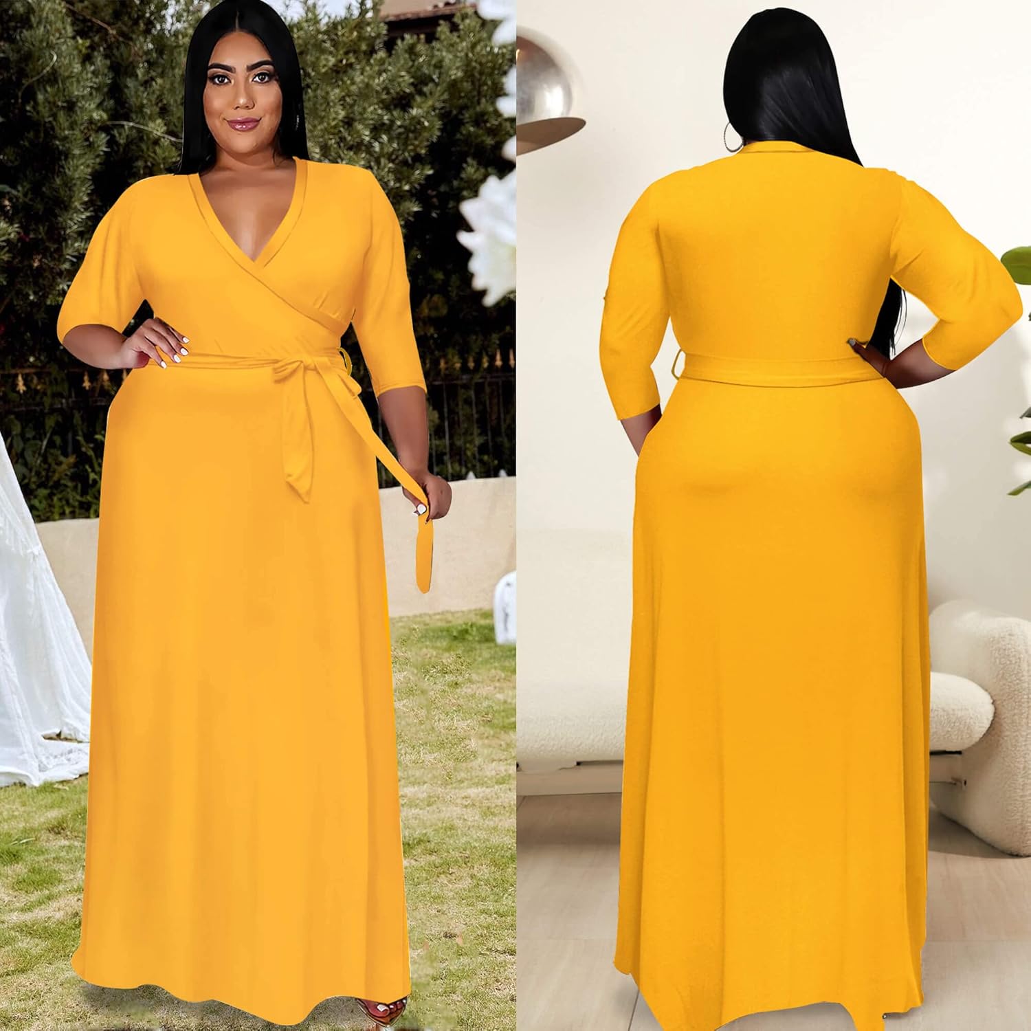 Nmoder Plus Size Maxi Dress for Women - Summer Casual 3/4 Sleeve Floral Flowy Long Dress with Belt XL- 6XL - Image 6